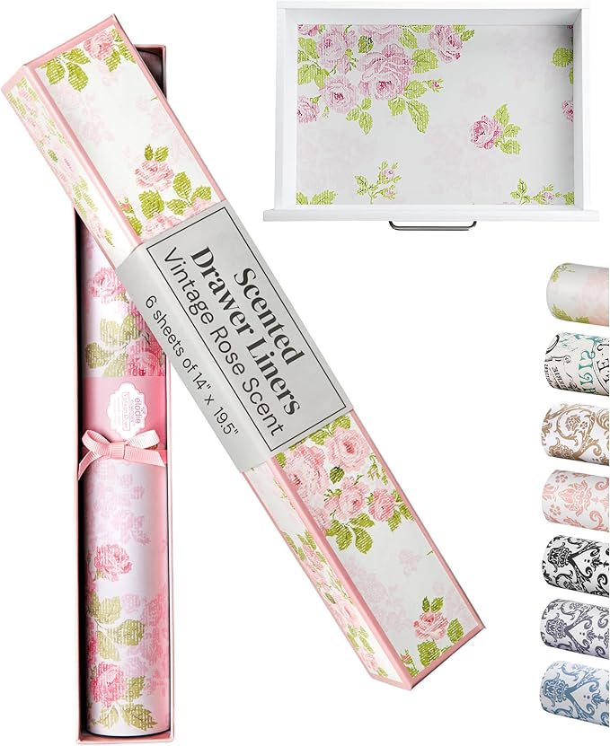 Drawer Liners for Dresser - 14" x 19.5" (Vintage Charm) Vintage Rose Scented Paper Liner for Bedroom & Bathroom Drawers - Non-Adhesive Shelf Paper for Cabinets - Pack of 6
