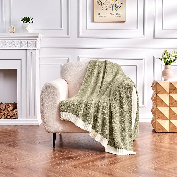 CozeCube Super Soft Fullfy Microfiber Reversible Knitted Blankets, Warm Cozy Fuzzy Plush Throw, Olive Green and White Melange Throw Blanket for Couch Bed Sofa, 50" x 60"