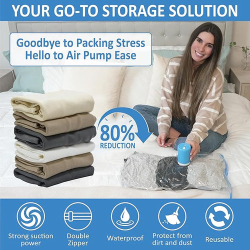 10 Pack Travel Vacuum Storage Bags with Rechargeable Wireless Electric Pump for Luggage, Suitcase, Carry-on Size Vacuum Seal Compression Space Saver Bags for Clothes and Clothing Travel