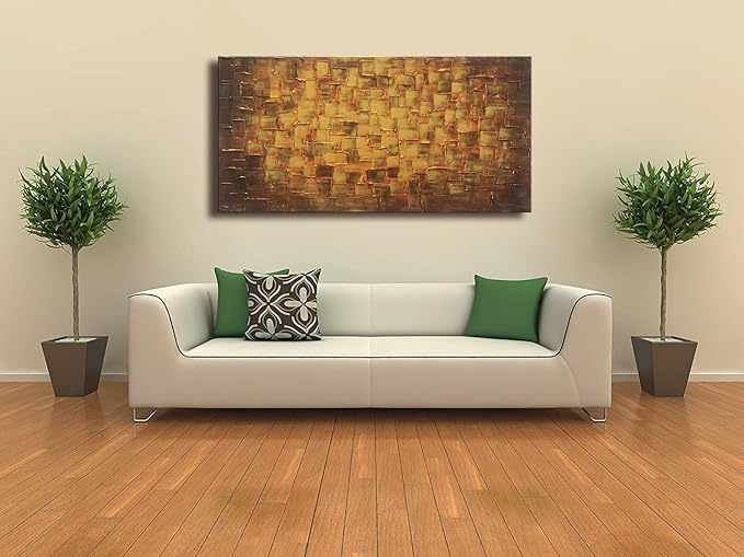 MyArton Large Abstract Golden Yellow Square Wall Art Hand Painted Textured Oil Painting on Canvas Ready to Hang 60x30inch