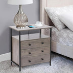3 Wooden Drawers Night Stand, 27 Inch Wide Nightstand with Charging Station and Adjustable Drawers, Small Dresser for Closet, Bedside Table for Living Room/Bedroom/Office, Gray.