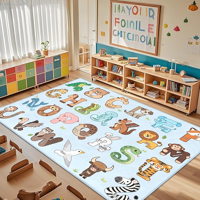 Kids Rugs for Playroom - 5x7 Feet Alphabet Rug for Classroom Educational Learning Animals, Preschool Rug Toddler Children Bedroom Nursery Kindergarten Decor, Blue