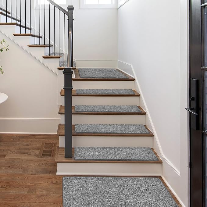 PURE ERA Carpet Stair Treads Tape Free Non Slip Indoor Stair Carpet Stair Protectors Pet-Friendly Non-Slip Skid Resistant Washable Reusable 8" x 30"(14 Pieces,Gray)