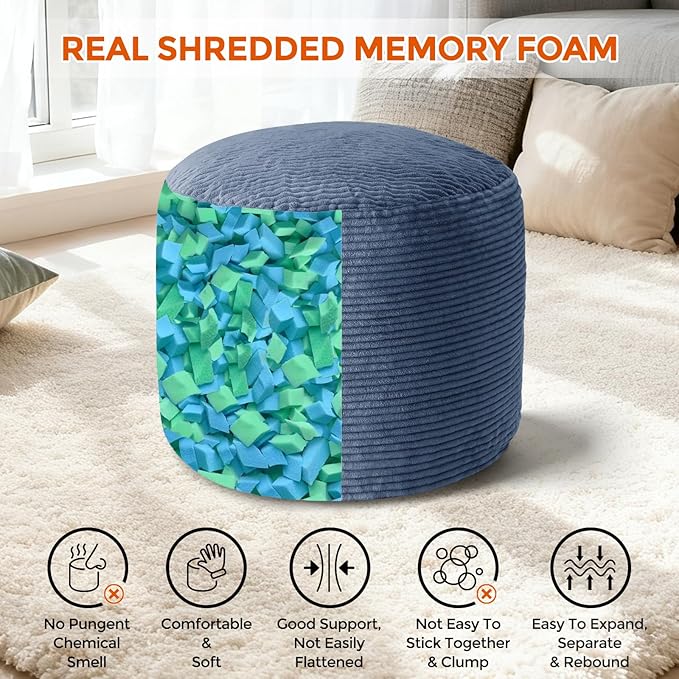 Pouf Ottoman Foot Rest, Comfortable & Soft, Round Footstool for Living Room, Bedroom, Office, Room Decoration, Corduroy Foot Stool Pouf with Odorless & Anti-Clump Filling, Small Navy
