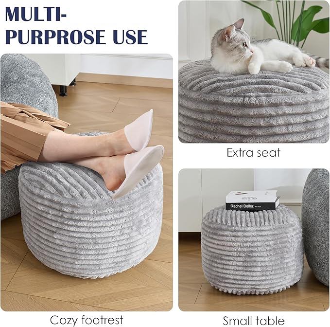 Round Pouf Ottoman,Corduroy Poufs with Memory Foam Filling for Foot Rest,Soft Footstool for Living Room,Office,20"x 17",Light Grey