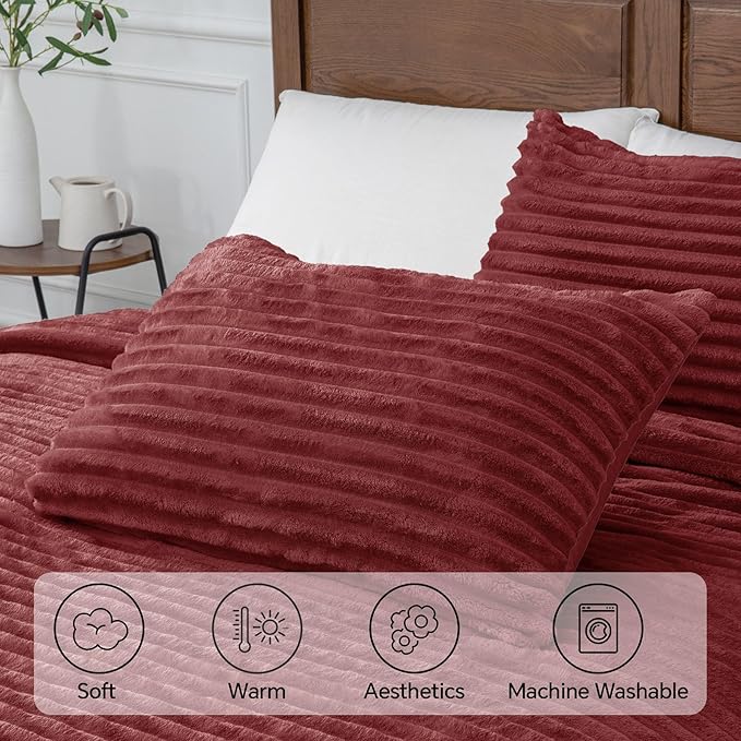 BEDELITE Fleece Twin Comforter Set -Super Soft & Warm Fluffy Burgundy Bedding, Luxury Fuzzy Heavy Bed Set for Winter with 1 Pillow case