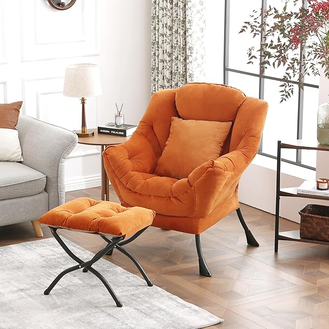 Tangerine Lazy Chair with Ottoman, Large Velvet Lounge Accent Chair with a Throw Pillow, Comfy Leisure Sofa Chair for Living Room Bedroom Dorm Room Office Apartment Reading Relaxing Use