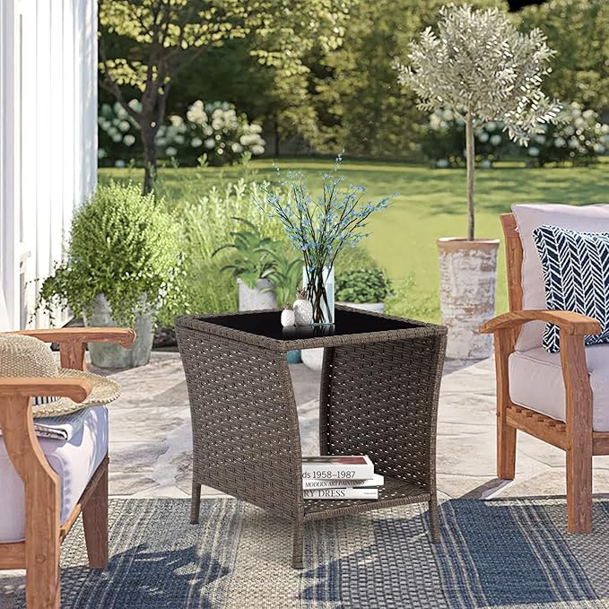 Outdoor Side Table Wicker Rattan Side Tables, End Table for Patio with Glass Top Rattan Storage for Patio Courtyard Balcony