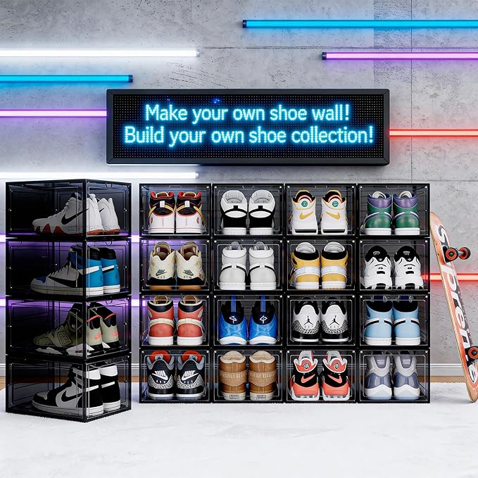 Pinkpum Upgraded Hard Shoe Storage Box 12 Pack X-Large Fit Size 12, Thicken & Sturdy Clear Plastic Stackable Shoe Organizer Box Closet, Sneaker Storage Display Case with Magnetic Door Black
