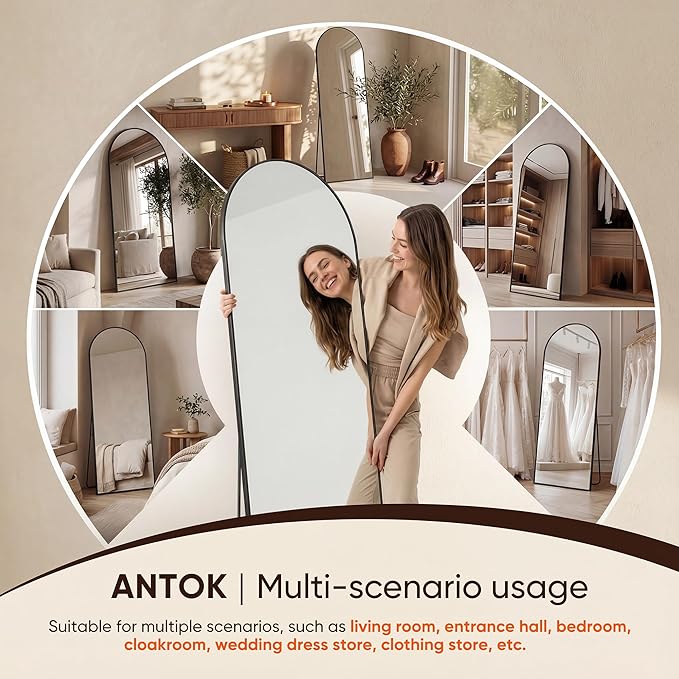 Antok Full Length Mirror, 59"x18" Floor Mirror, Arched Floor Standing Freestanding Arch Full Body Mirrors with Stand for Bedroom, Hanging Mounted for Living Room Cloakroom,Black