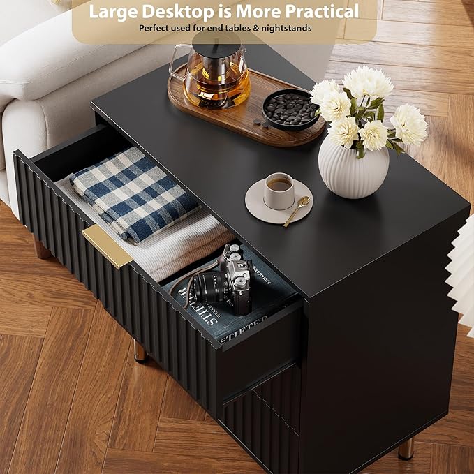 GarveeHome 3 Drawer Dresser for Bedroom, Fluted Modern Nightstand with Deep Drawers, Chest of Drawers with Wide Top, Wooden Dresser Organizer, Side Table for Living Room, Hallway, Kids Room, Black