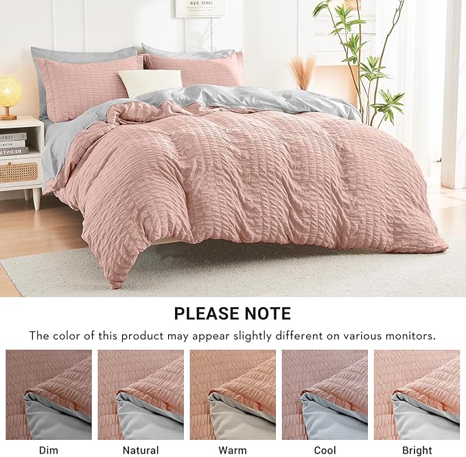 HYMOKEGE Rose Gold/Light Grey California King Comforter Set Seersucker 7 Pieces, All Season Luxury Bed in a Bag for Bedroom, Bedding Set with Comforter, Sheets, Pillowcases & Shams