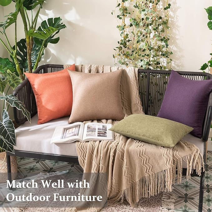 MIULEE Pack of 2 Decorative Outdoor Solid Waterproof Throw Pillow Covers Faux Linen Garden Farmhouse Cushion Cases for Patio Tent Balcony Couch Sofa 16x16 Inch Khaki