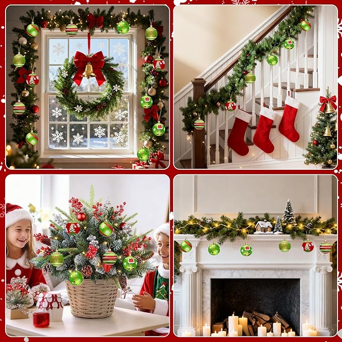 Christmas Tree Decorations Ornaments Set, 2.4 Inch 12PCS Christmas Balls Decor Grinchs Style, Glittering Shatterproof Hanging Bulbs Xmas Decorations for Indoor Home Office (Red Green)