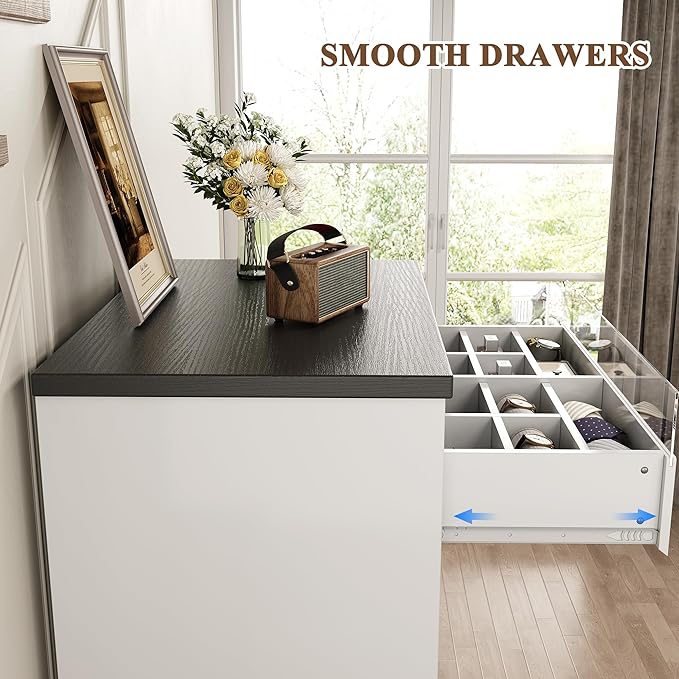 Larger White 5 Drawer Dresser for Bedroom with LED Light, Modern Chest of Drawers with Hidden Handles, Tall Wooden Dresser Closet for Living Room, Entryway, Hallway - White