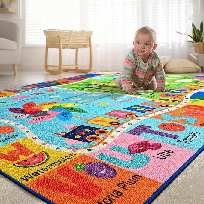 Kids Rug for Playroom, 3x5 ABC Educational Carpet for Classroom, Fun Alphabet Area Rugs for Learn Numbers Colors Animal Weather and Shapes Playmat for Girls Boys Room Nursery Decor