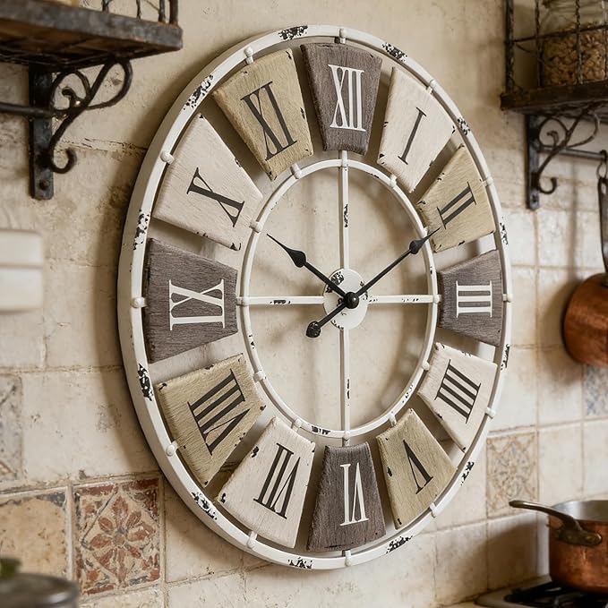 Distressed Metal Wall Clock 16 Inch, Industrial Vintage Roman Numerals, Weathered Iron Frame Farmhouse Office Cafe Decor