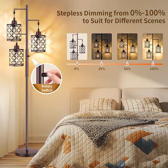 68" Dimmable Floor Lamp, Farmhouse Standing Lamp with Elegant Metal Cage, Industrial Tall Tree Floor Lamps for Living Room, Bedroom, Study Room, Office (2000LM LED Bulbs Included) - Brown