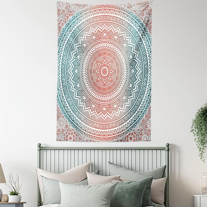 Ambesonne Teal and Coral Tapestry, Ombre Mandala Art Antique Gypsy Folk Pattern Cosmos Image, Wall Hanging for Bedroom Living Room Dorm Decor, 40" X 60", Teal Coral