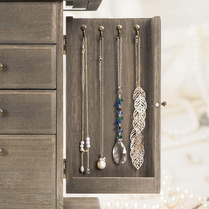 Emfogo Jewelry Box for Women, Rustic Wooden Jewelry Boxes & Organizers with Mirror, 4 Layer Jewelry Organizer Box Display for Rings Earrings Necklaces Bracelets (Weathered Gray)