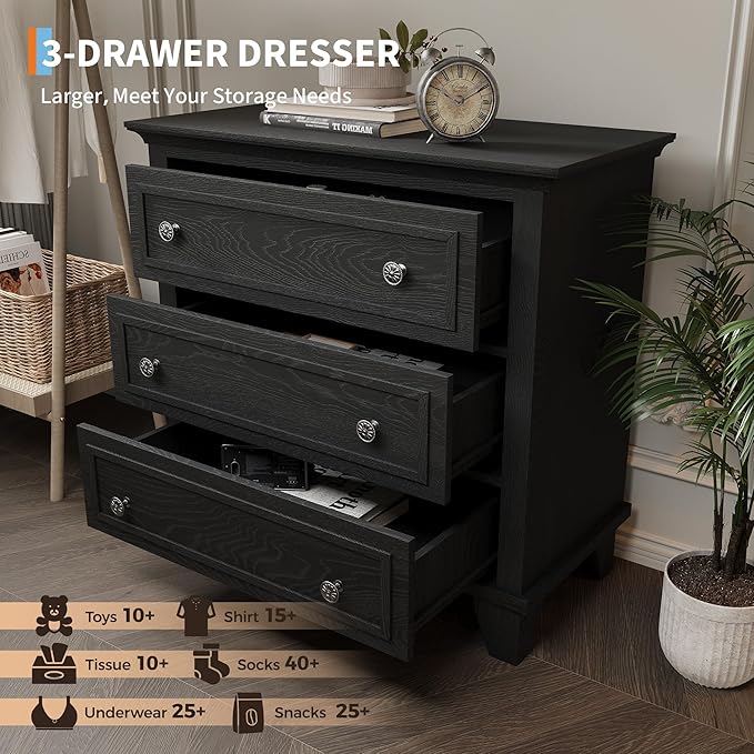 GarveeHome Black 3 Drawer Dresser for Bedroom, Wide Chest of Drawers with Vintage Handle, Wood Dresser Wide Nightstand for Living Room