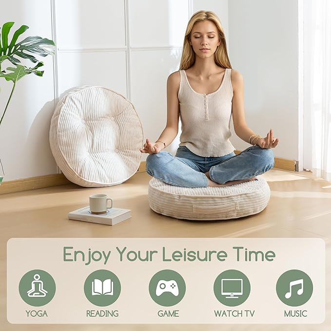 HIGOGOGO Washable Floor Pillow Cushion for Adults, Meditation Cushion Pillow, Large Round Floor Sitting, Removable Tufted Corduroy Cover, for Tatami Living Room or Yoga, 22x22 Inch, Machine Washable