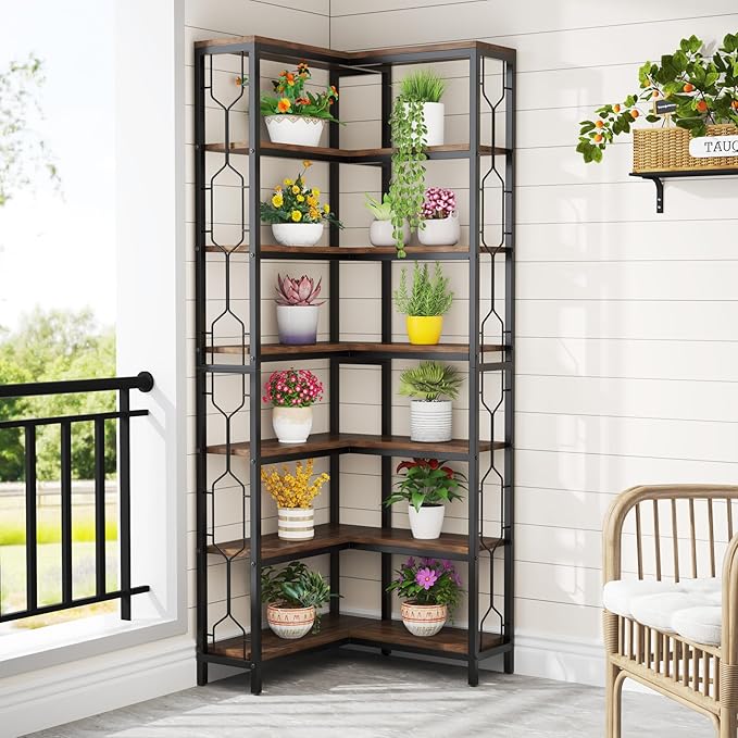 Tribesigns Corner Shelf, 7-Tier Industrial Corner Bookshelf, Wood and Metal Etagere Bookcase, Freestanding Display Shelf for Living Room, Kitchen, Home Office, Rustic Brown | Corner Bookshelf, Etagere Bookcase, Display Shelf, Living Room, Kitchen, Home...