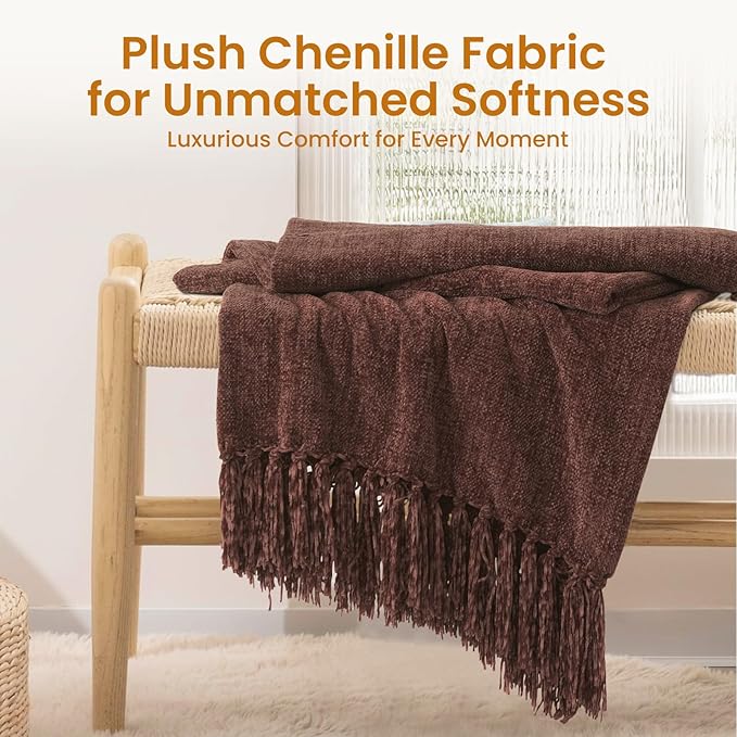 Yoenille Rust Brown Chenille Throw Blanket for Couch Bed，Soft Cozy Throw Blanket with Handmade Fringe, Decorative Blanket for Sofa Chair Living Room for Gift, (Rust Brown,60" x 80")