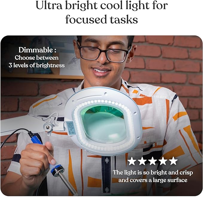 Brightech LightView Pro XL Magnifying Desk Lamp with Clamp, Adjustable Magnifying Glass with LED Light for Crafts, Reading, Close Work, Dimmable Light Magnifier with Wide Glass Lens