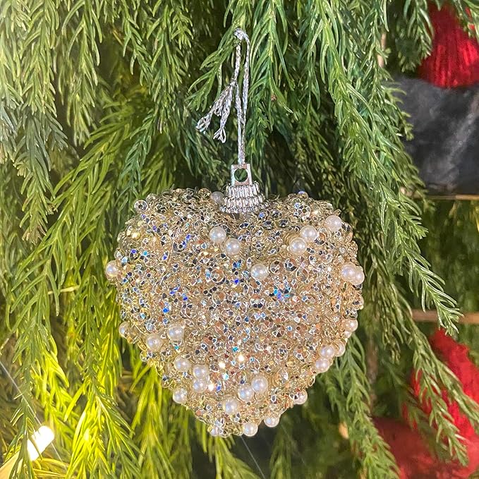 Champagne Christmas Ball Heart Ornaments 10Pcs Glitter Sequin Heart Shaped Baubles Decoration Valentines Pearl Foam Hanging Decor(2.36in)