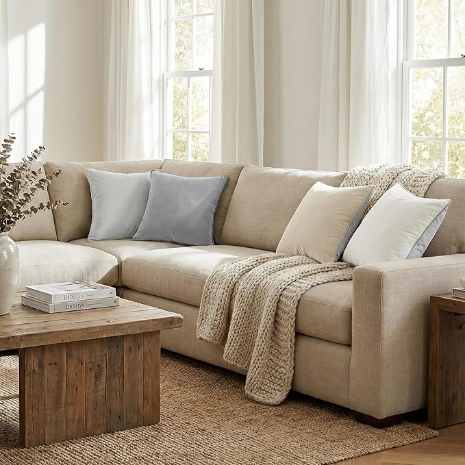 Mecatny Set of 4 Velvet Throw Pillow Covers 20x20, Soft Neutral Accent Decorative Couch Pillow Covers for Sofa Bedroom Living Room, Grey/Beige