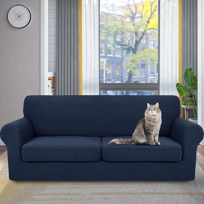 YEMYHOM Latest Checkered 3 Pieces Couch Covers for 2 Cushion Couch High Stretch Sofa Cover with 2 Extra Large Seat Cushion Covers Anti Slip Elastic Slipcovers (Navy), 71"-91"(2 Cushions)