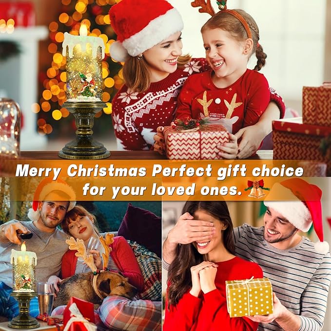 Christmas Flameless Candles, Flickering Flameless Candles with Timer, Christmas LED Candles Battery Operated, Snow Globe Candle Light for Christmas Decorations