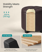 SONGMICS Round Ottoman, Ottoman with Storage, 17.7 x 17.7 x 17.5 Inches, Foot Rest with Legs, Synthetic Leather, Load up to 330 lb, for Living Room, Bedroom, Chestnut Brown ULOM014K01
