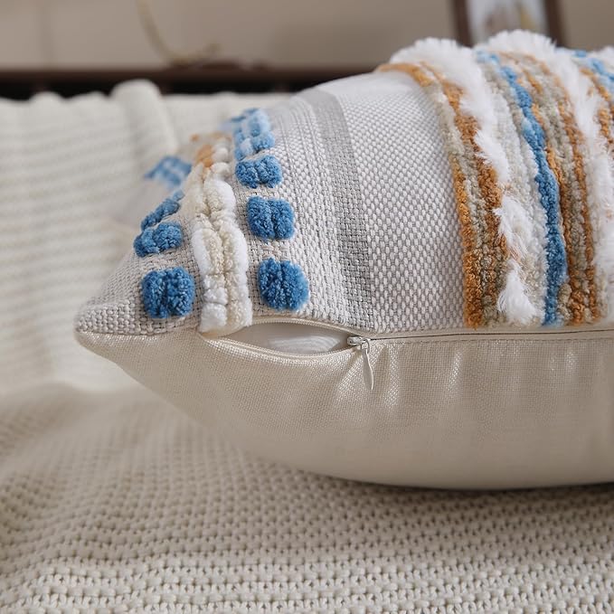 Boho Throw Pillow Covers 18x18 Set of 2 Farmhouse Decorative Couch Pillow Covers Neutral Accent Throw Pillows Covers Striped Outdoor Cushion Covers Square Textured Chenille Pillow Cases for Sofa Bed