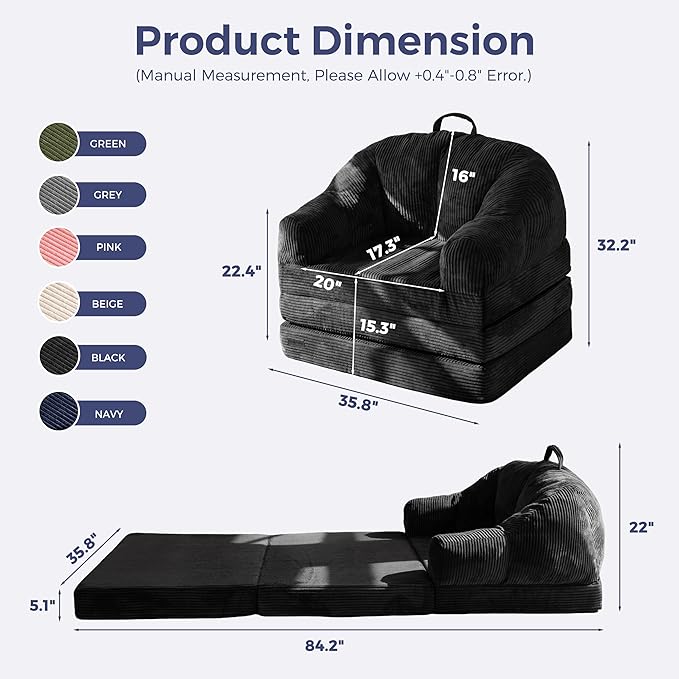 MAXYOYO Folding Sofa Bed with Backrest, Boneless Fold Out Couch Bed with Handle, 2 in 1 Convertible Bean Bag Chair to Floor Sofa Lounger, Comfy Folding Couch for Bedroom & Living Room, Black