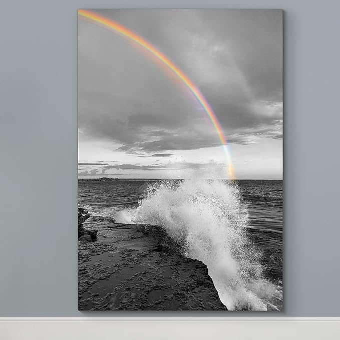 Renditions Gallery Canvas Nature Wall Art Paintings & Prints Decorations Romantic Cloudy Rainbow Black & White Wall Hanging Artwork for Bedroom Living Room Office Kitchen - 24"x36" LT06