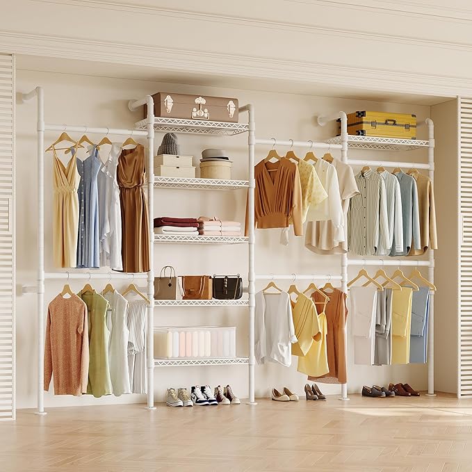 W4 Wall Mounted Closet System, Expandable Clothes Rack Heavy Duty Clothing Rack for Hanging Clothes, Industrial Pipe Closet Organizers for Reach in Closet, White