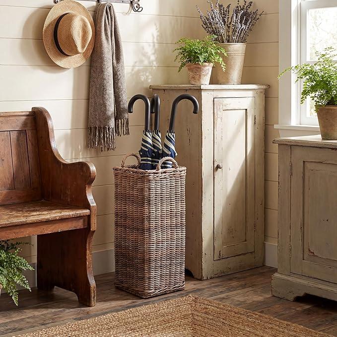 Rattan Umbrella Holder for Entryway 20.5h x 9l x 9w Inch Square Umbrella Stand with Plastic Water Catch, Umbrellas Basket Bucket Fit Walking Cane Tall Umbrellas Storage for Home Office