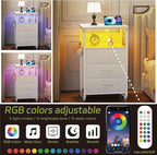 Bed Side Table with 3 Fabric Drawers, White Night Stand, LED Nightstand with Hooks, Bedside Table with Charging Station, End Table with Storage, Night Table for Living Room, Bedroom, Dorm