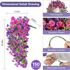 Artificial Hanging Flowers for Outdoors, 2 PCS UV Resistant Faux Silk 150 Morning Glory Each Trailing Vines, Fake Plants for Spring Outdoor Garden Planter Porch Patio Decoration, Fuchsia & LightPurple