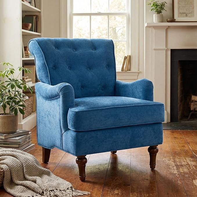 KEIKI Upholstered Accent Chair for Living Room and Bedroom,Heavy-Duty Fabric Armchair with Reinforced Wood Frame, Supportive Seat Cushion, Stable Retro Legs, Lounge Chair for Reading, Work