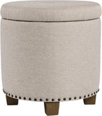 Homepop Home Decor | Upholstered Round Storage Ottoman with Nailheads| Ottoman with Storage for Living Room & Bedroom, Light Brown Fabric