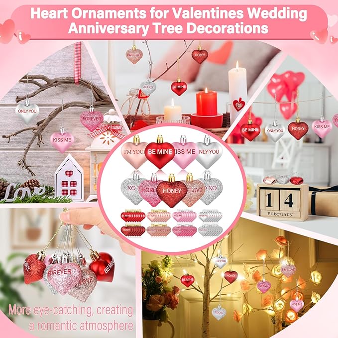 56PCS Valentines Tree Decorations Heart Ornaments, 8 Styles Valentines Day Heart Shaped Ornaments with Sweet Love Words Heart Baubles for Romantic Valentines Tree Decor Wedding Anniversary Decor