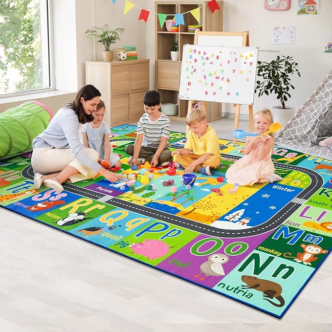 HOMORE Kids Rug, 6x9 Kids Educational Area Rugs for Learning Alphabet, Numbers, Colors, Season and Animal Words, ABC Rugs for Classroom Playroom, Green