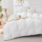 HYMOKEGE White Queen Comforter Set Seersucker 7 Pieces, All Season Luxury Bed in a Bag for Bedroom, Bedding Set with Comforters, Sheets, Pillowcases & Shams