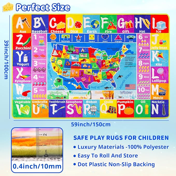 USA Map ABC Kid Rug for Playroom 59"×39.4" Geography Classroom Play Rug Educational Baby Playmat Alphabet Mat State Symbols, ABC Letters, Numbers, Seasons&Shapes Non-Slip Preschool Nursery Playmat