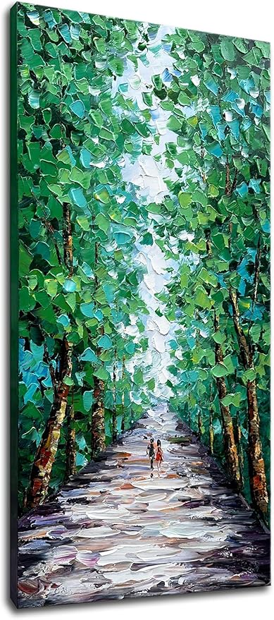Alenoss Hand Painted Canvas Wall Art, Large Midsummer Forest Landscape Painting, Abstract Oil Painting on Canvas, 24x48 inches, Green, Vertical Wall Art for Living Room, Bedroom
