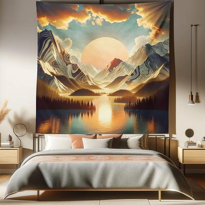 Ambesonne Mountain Tapestry Queen Size, Sunrise Scenario of Meadows Featuring Groovy Mounts with Lake Clouds, Wall Hanging Bedspread Bed Cover Wall Decor, 88" X 88", Peach Fawn Pale Seafoam