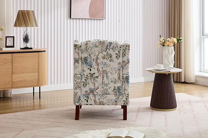 KEIKI Floral Accent Chair for Living Room – Artistic Heritage Look with Natural Wood Base, Statement Upholstered Armchair for Everyday Relaxation
